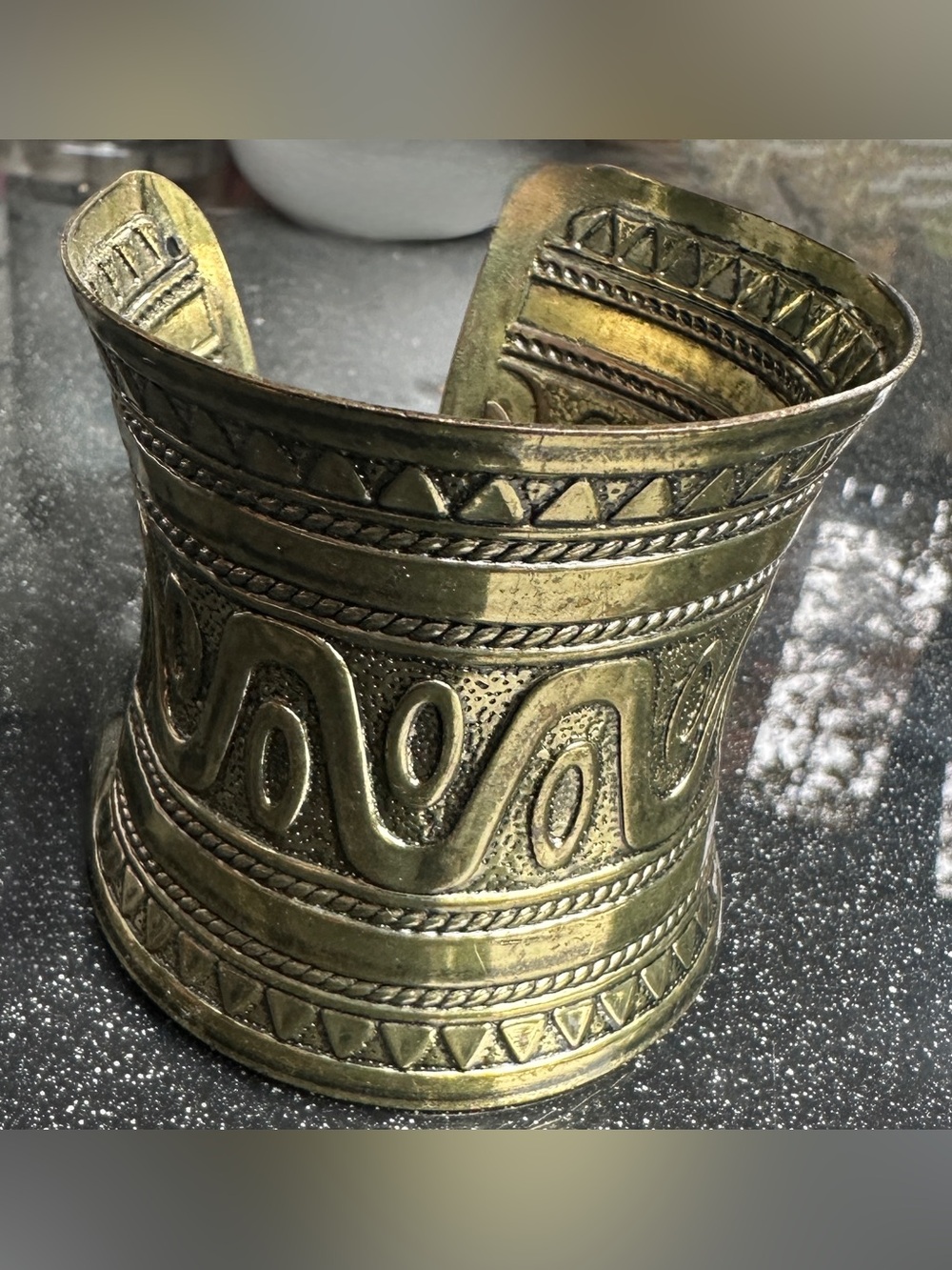 Cuff Bracelet Tribal Wave Wide Brass Gold Tone Geometric Egyptian Inspired
